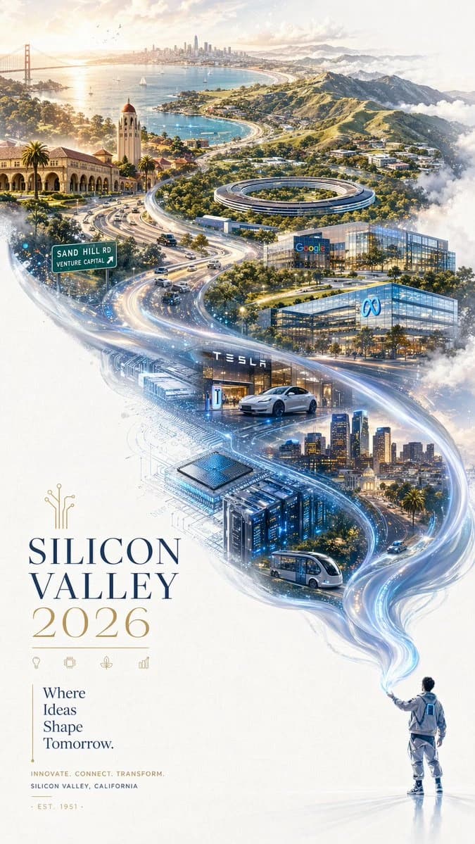 A futuristic promotional poster for Silicon Valley 2026 features a miniature figure releasing a luminous ribbon of light that transforms into a panoramic landscape