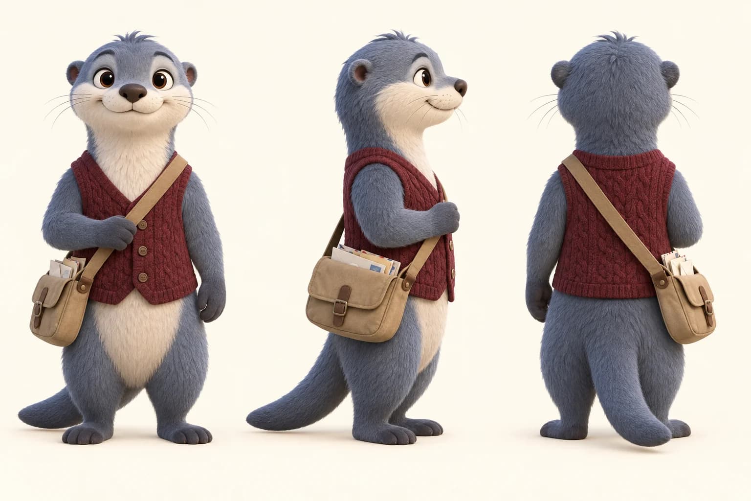 Drei Ansichten eines blauen Otters als Postbote