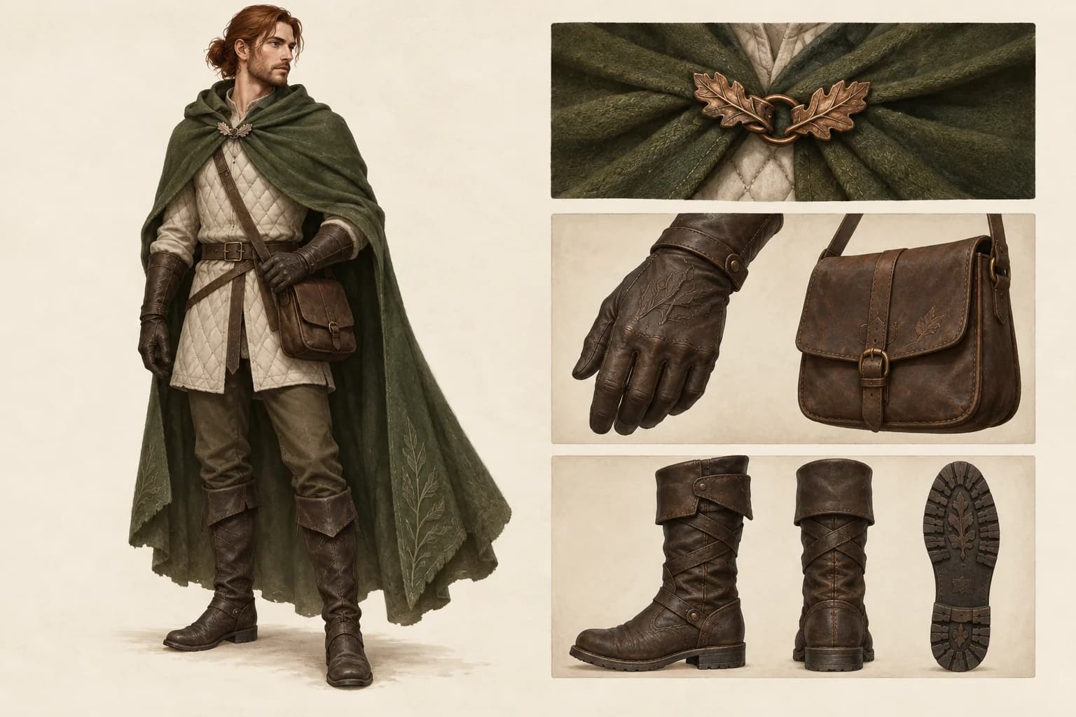 Entwurf eines Waldläufers mit Kleidungsdetails und Accessoires