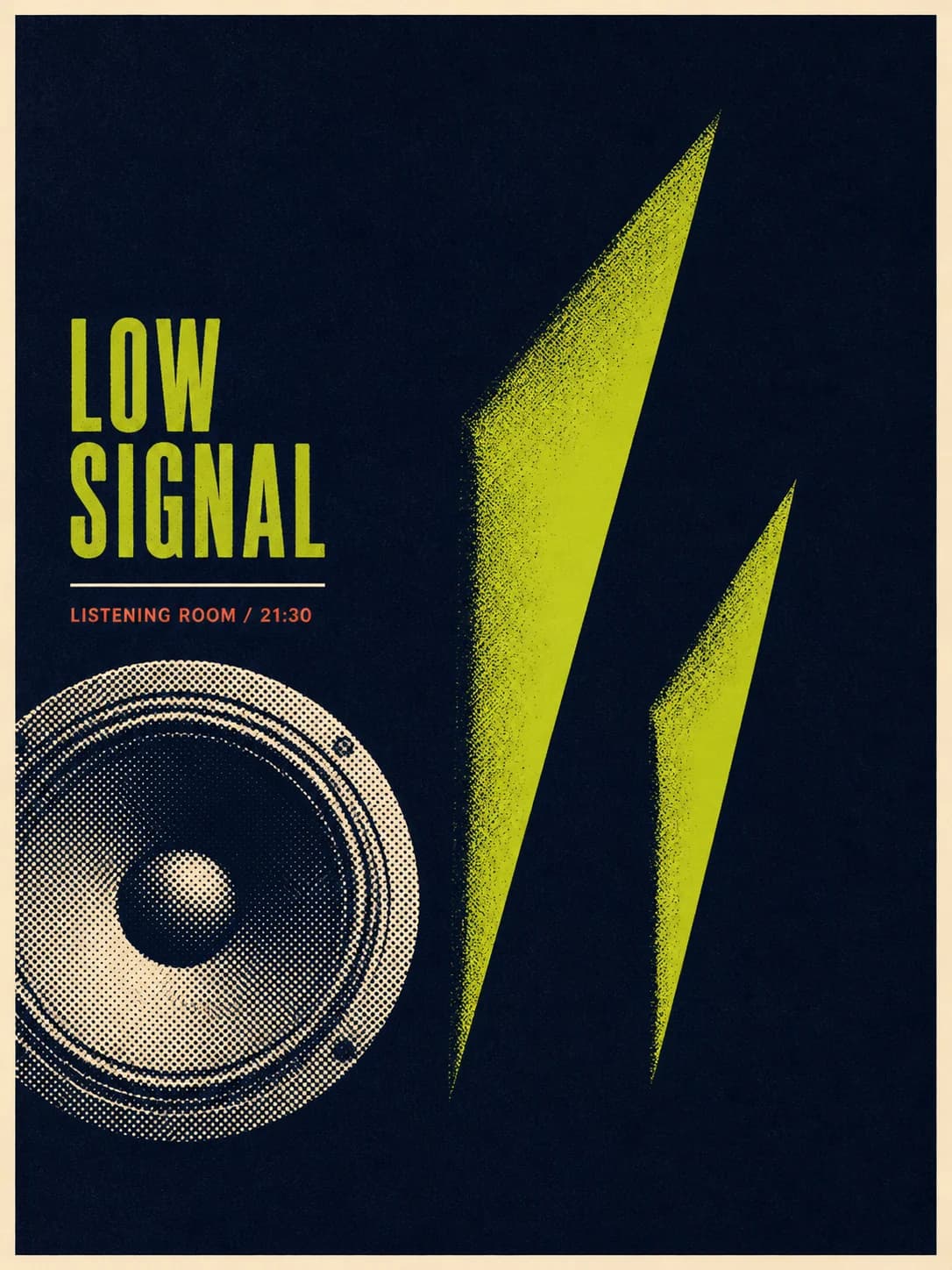 Low Signal indigo and lime listening-room music zine poster by Image 2