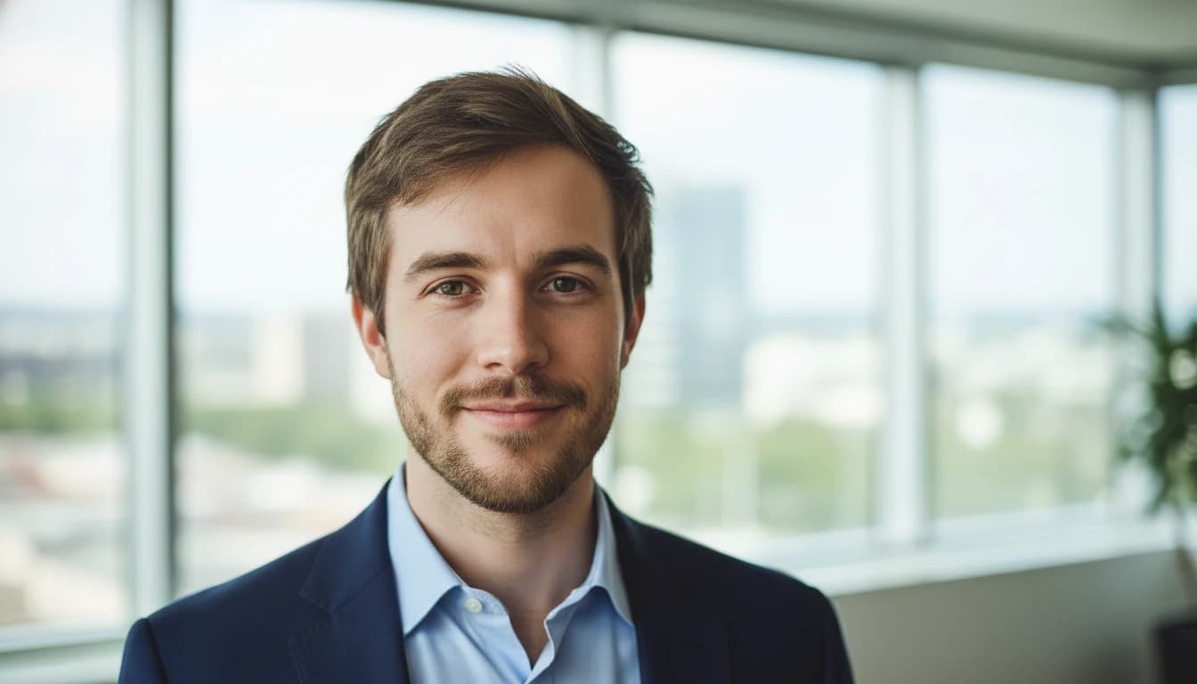 Professional LinkedIn headshot of a man in business attire with a softly blurred office background — Image 2 portrait prompt example