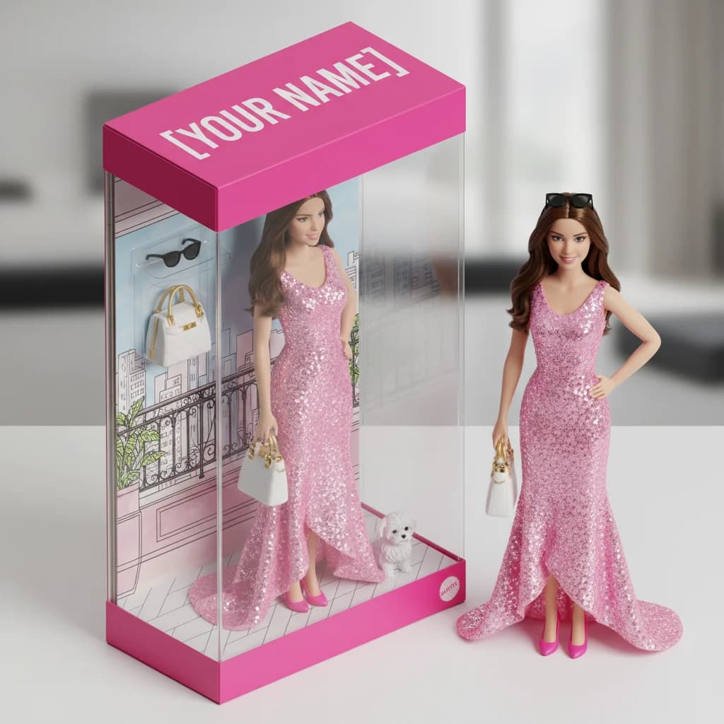 AI-generated Barbie doll figurine sealed inside a glossy pink toy box with designer accessories — Image 2 Barbie filter prompt example