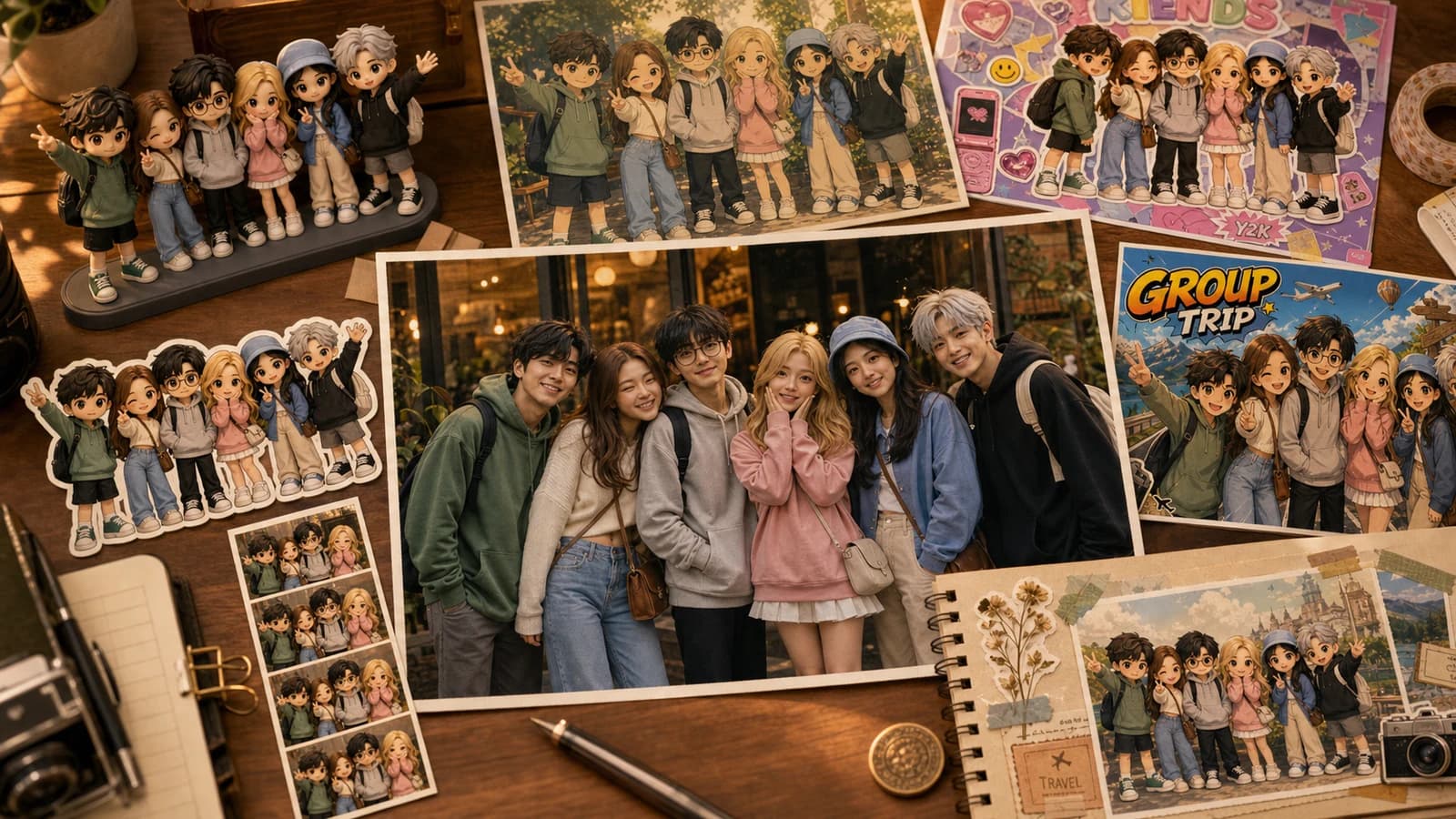 Creator desk with a group photo, 3D figurines, anime postcard, Y2K collage, manga cover, photobooth strip, and scrapbook examples for Image 2