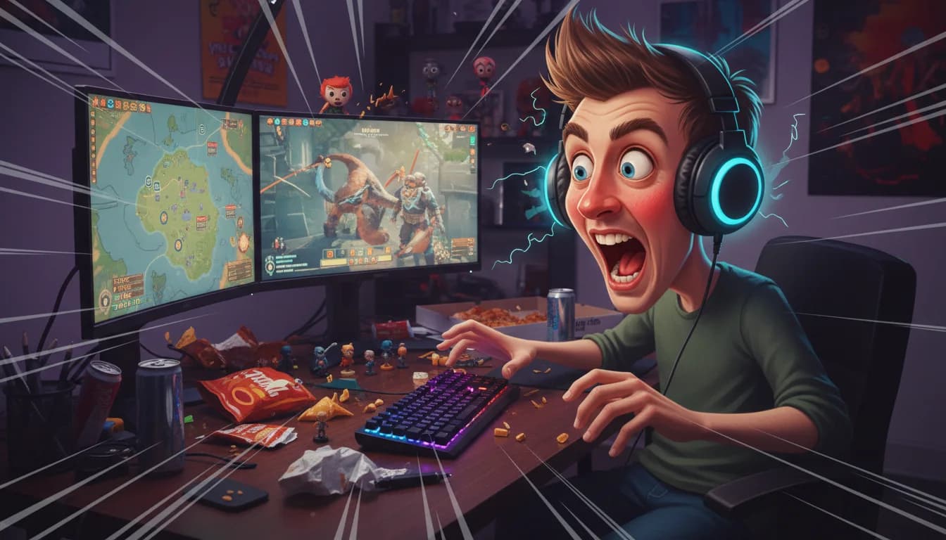 Vibrant cartoon caricature of a gamer with oversized headphones and multiple screens in dynamic comic style — Image 2 ChatGPT caricature prompt example