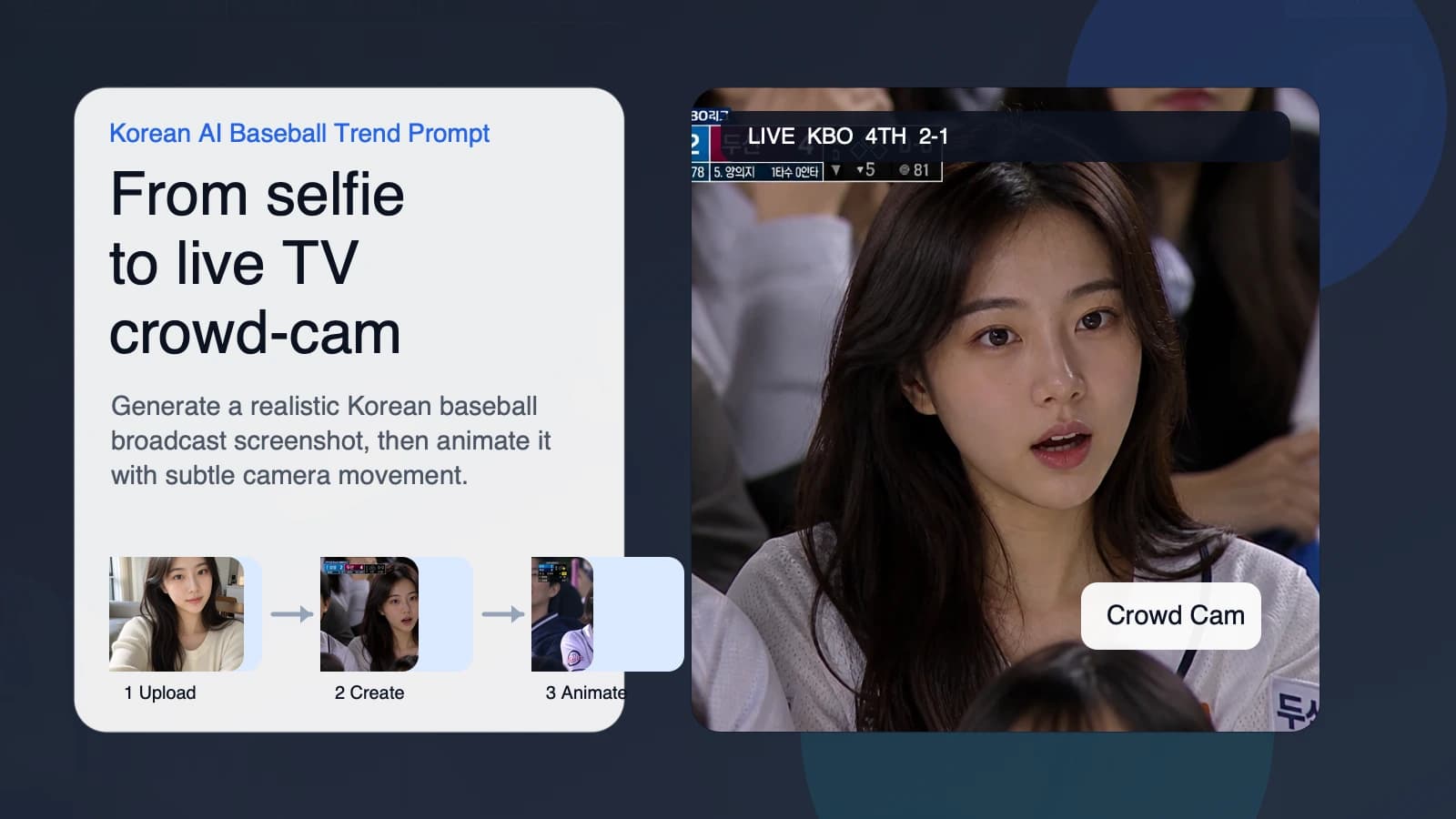 Korean AI baseball trend prompt workflow showing a selfie becoming a live TV baseball crowd-cam screenshot