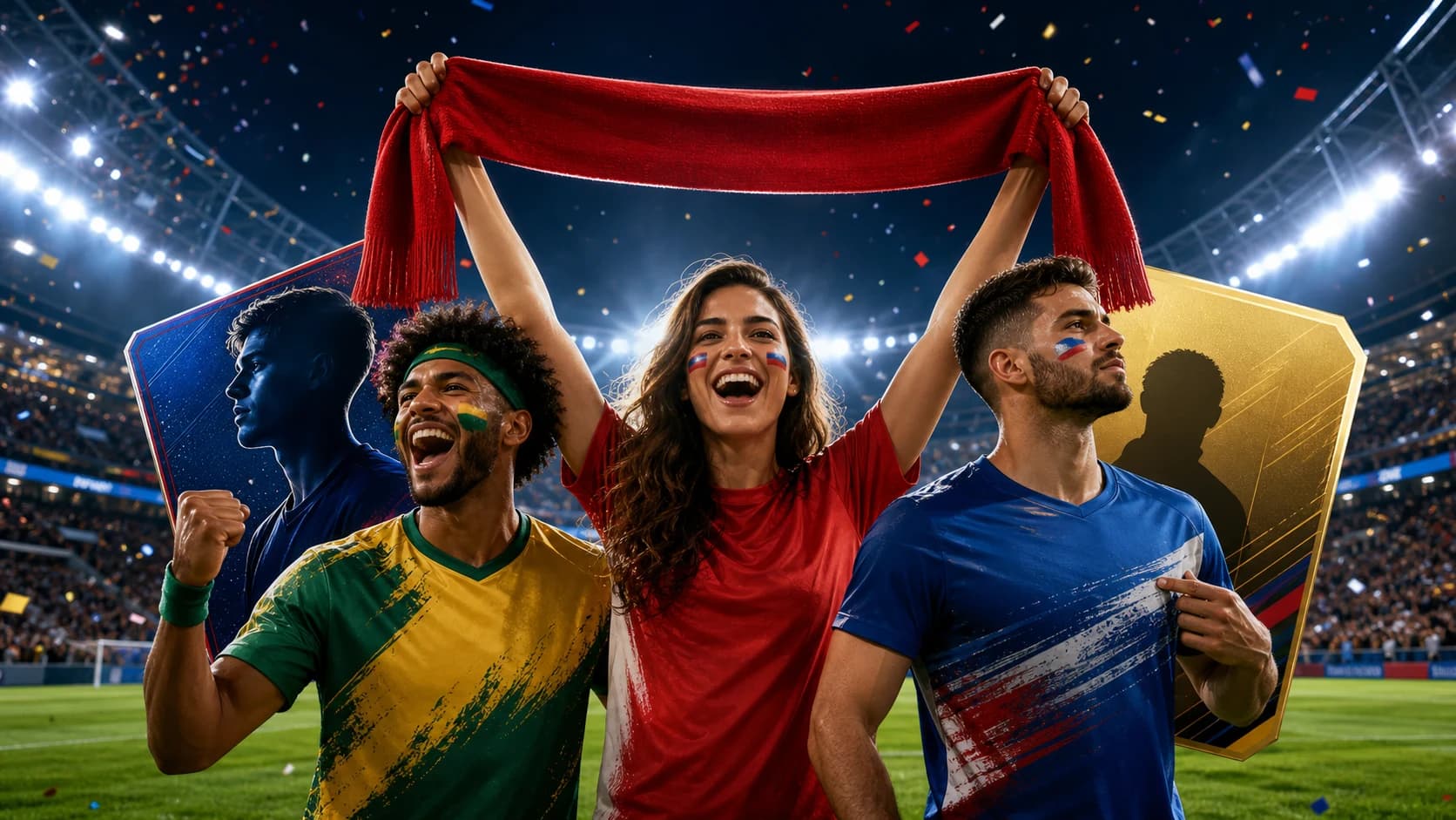 World Cup-style football fan poster cover with stadium lights, country-color outfits, and trading-card shapes generated with Image 2