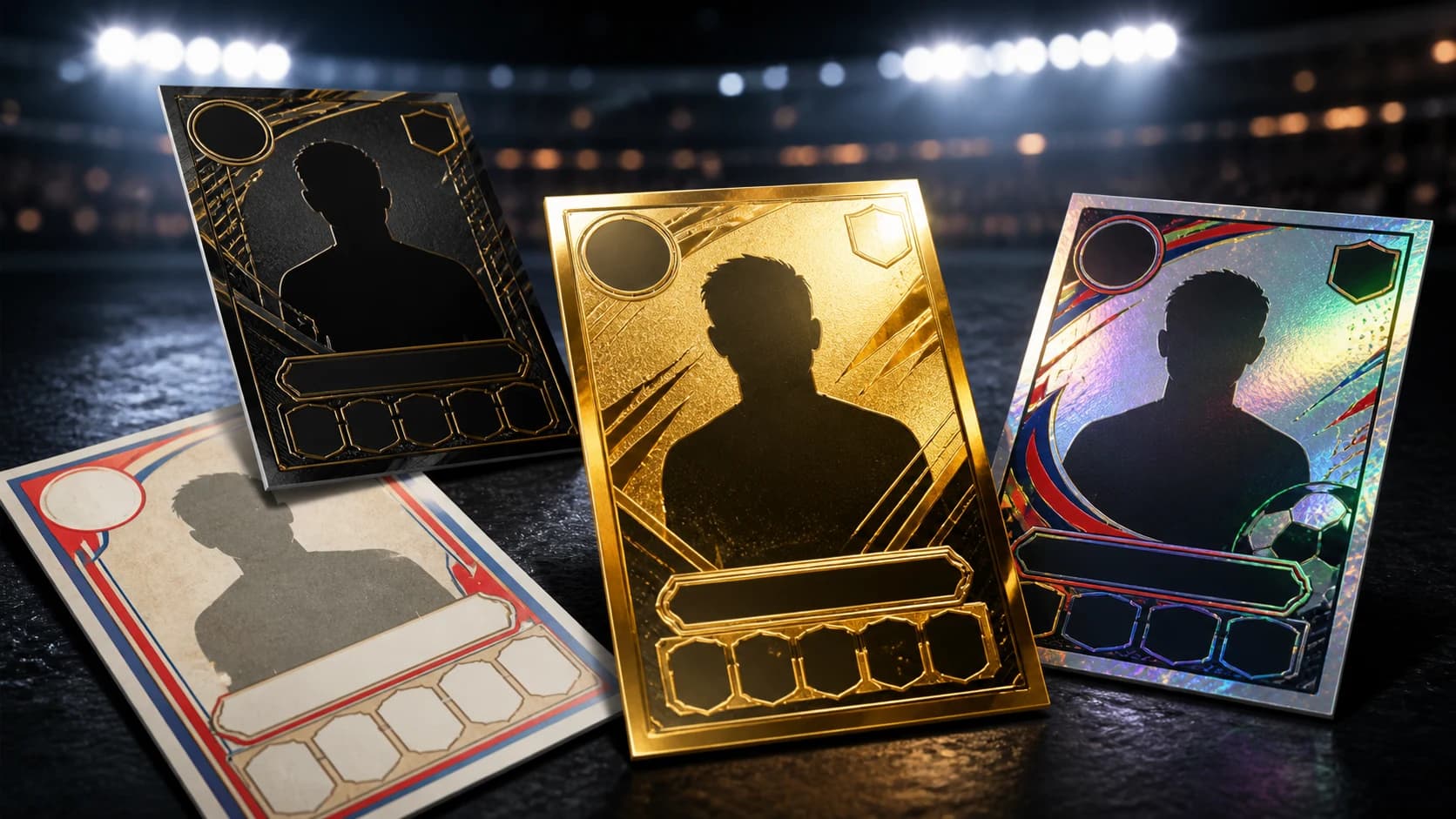 Blank World Cup-style football card templates with gold, black, retro, and holographic collector-card designs generated with Image 2