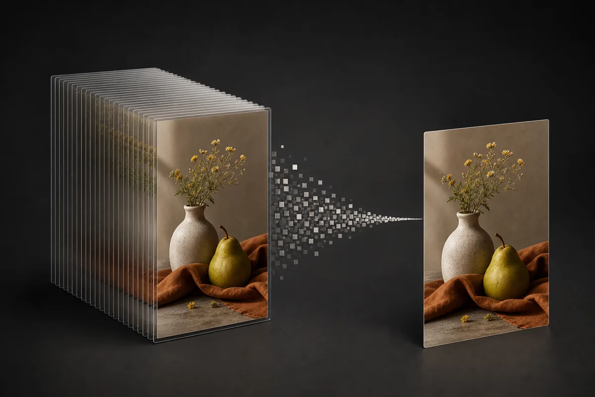 The same still life moving from a thick stack of image layers to one lightweight image card