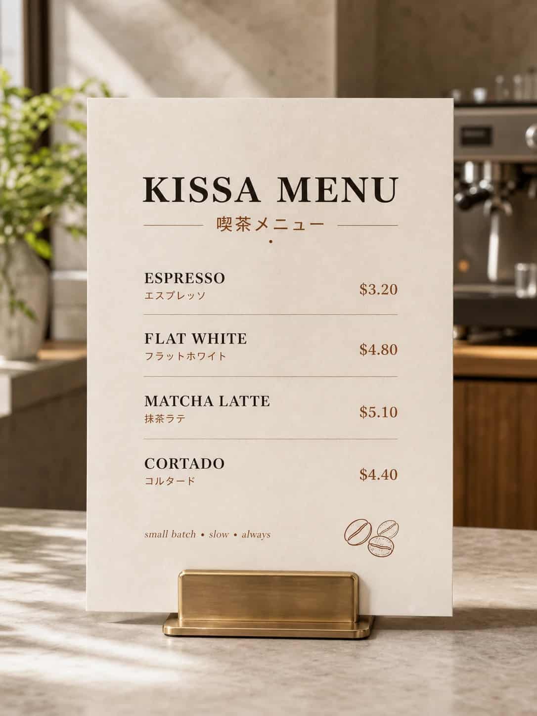 Multilingual cafe menu with legible printed text, generated by Image 2