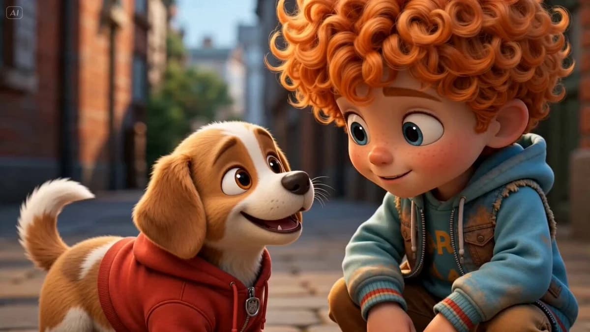 A young boy with curly orange hair interacts joyfully with a small dog in a colorful, animated street setting