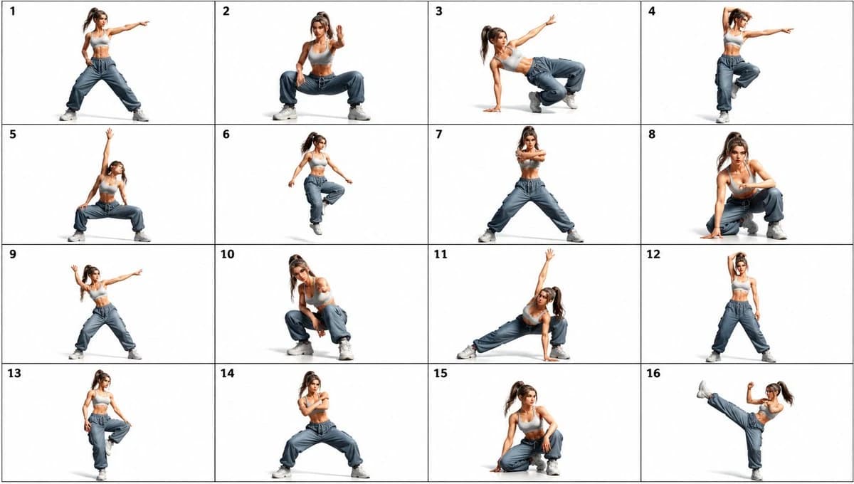 A slim athletic dancer in a white sports bra and baggy blue-gray joggers poses in 16 dynamic dance positions on a white background