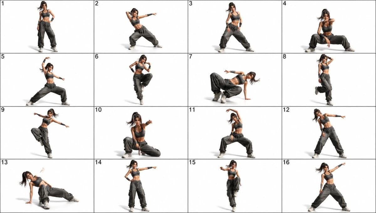 A fit young woman dancer showcases 16 dynamic poses in a clean, grid layout against a plain white background