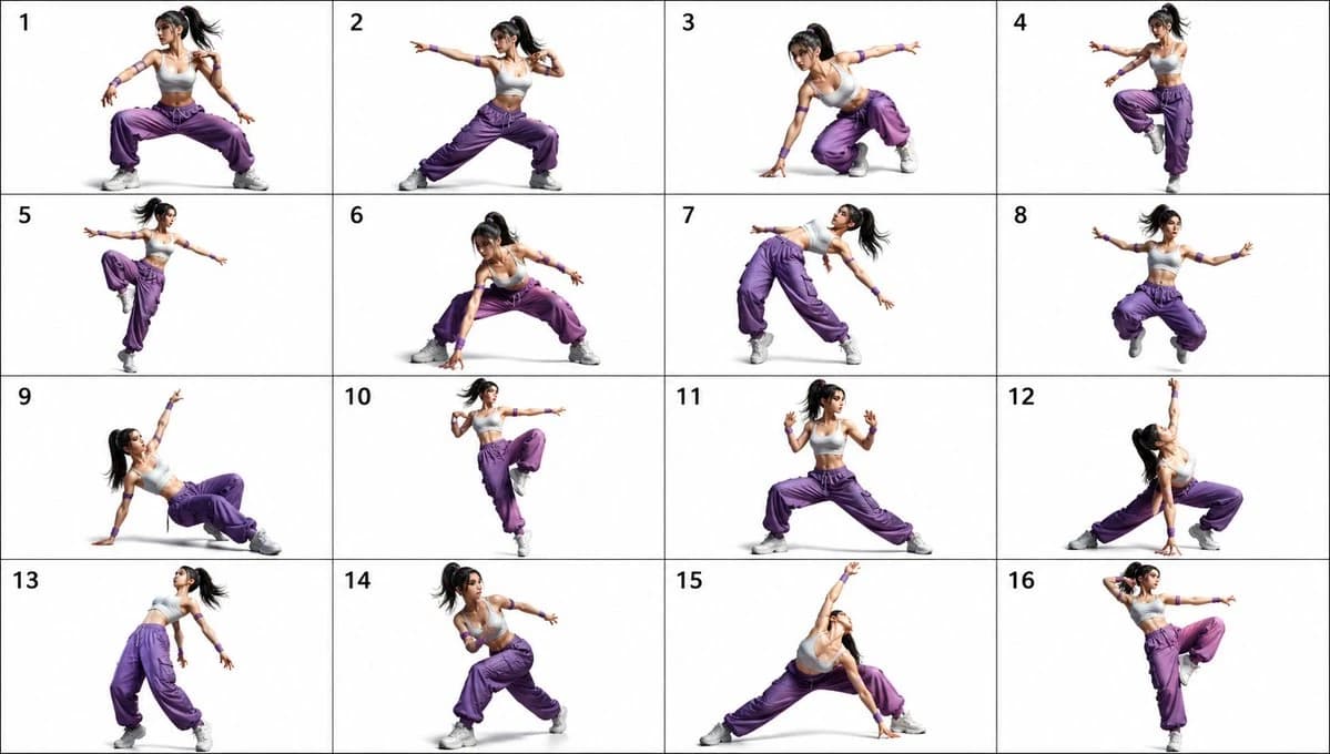 A fit young adult female dancer showcases 16 dynamic hip-hop dance and combat poses against a plain light gray backdrop