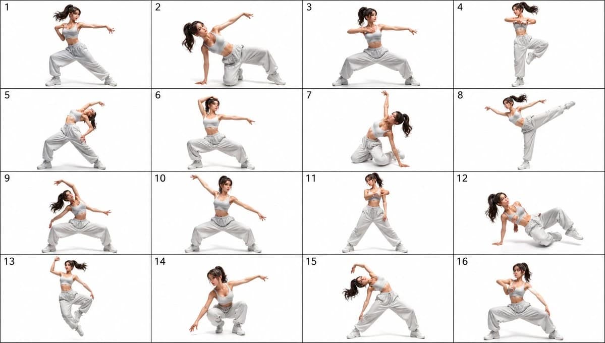 A grid of 16 dance poses features a young adult female dancer in a light gray sports bra and baggy sweatpants against a seamless white background
