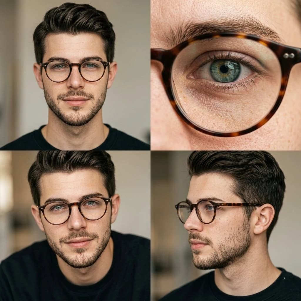 A 2x2 grid of editorial portraits features a man with round tortoiseshell glasses, showcasing various angles and details of his face