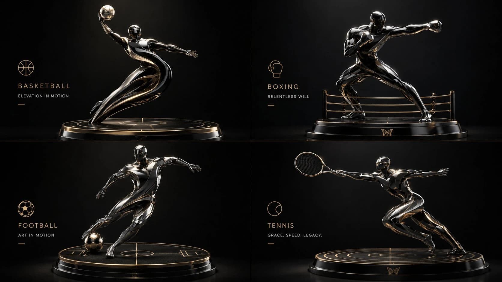 Four sculptural forms representing basketball, boxing, football, and tennis are displayed in a luxurious, dark gradient setting with minimalist captions