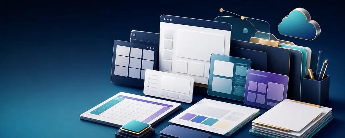 A 3D workspace of organized prompt-library cards and creative design panels