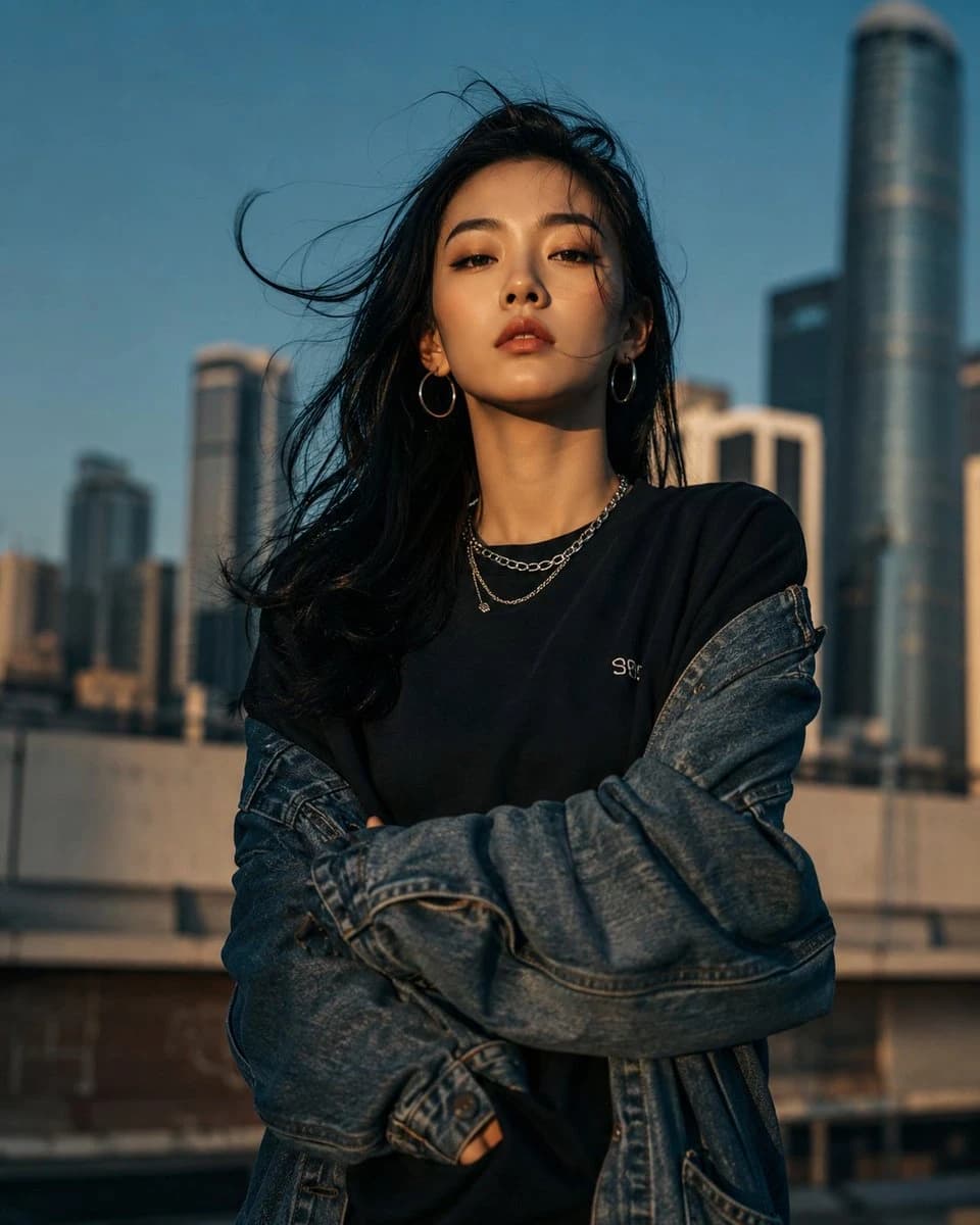 A young woman with long dark hair and hoop earrings poses confidently against a city skyline, wearing a denim jacket and a black shirt