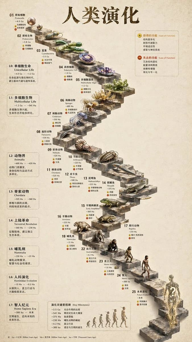 A textured stone staircase illustrates the evolutionary timeline of life, featuring detailed 3D models of organisms at each step