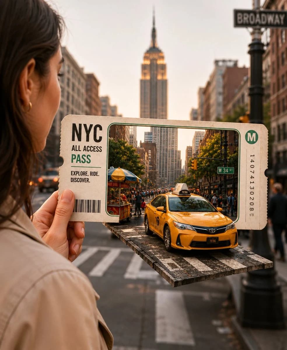 Three-dimensional travel ticket poster with layered destination typography, passport-stamp details and polished paper depth