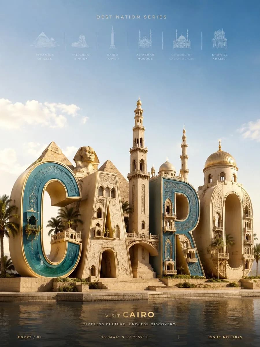 Monumental 3D CAIRO letters are built from Egyptian architecture under bright desert travel-poster lighting