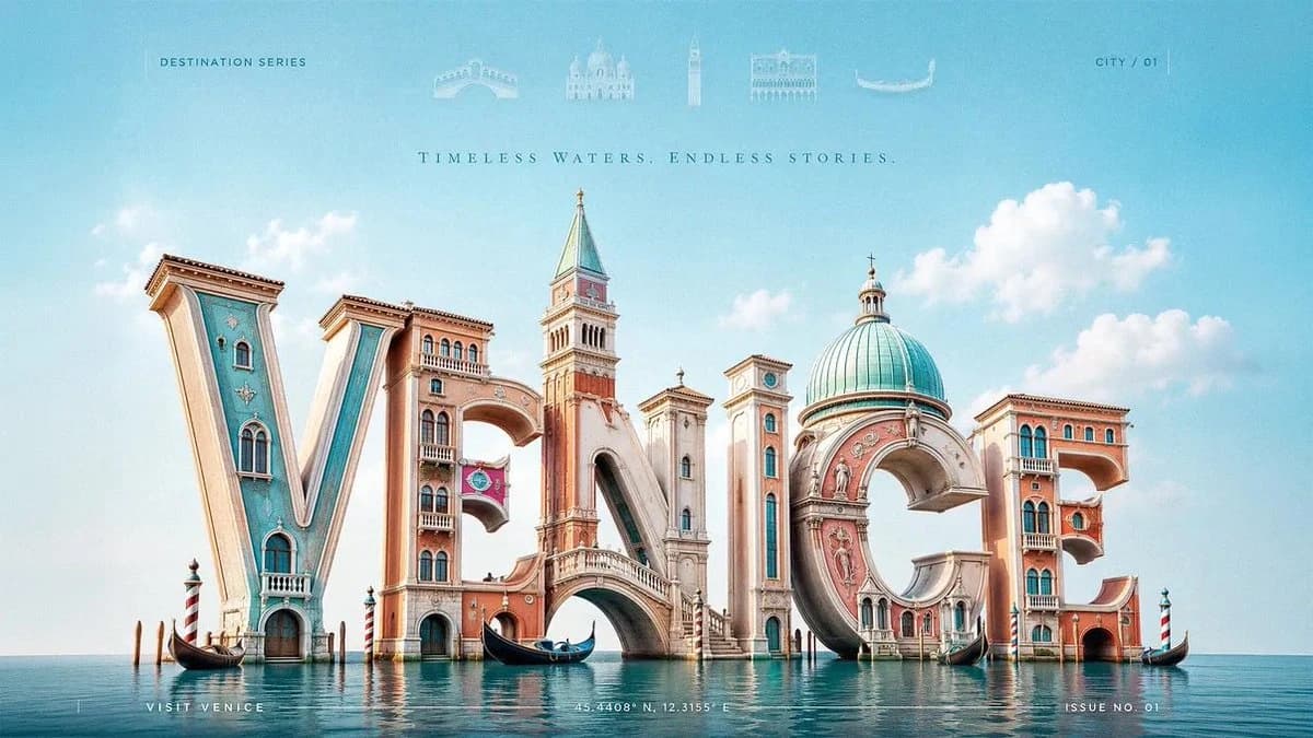 The city name "VENICE" is creatively formed with 3D letterforms that incorporate iconic architectural elements and landmarks, set against a serene water backdrop