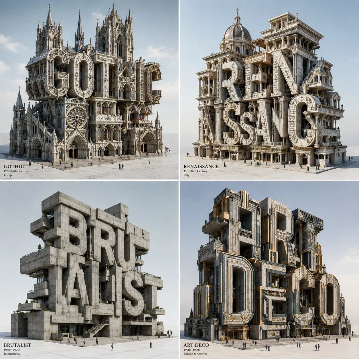4 Architectural Styles 2×2 Grid arranged as a structured multi-panel grid with consistent styling and clear visual comparison