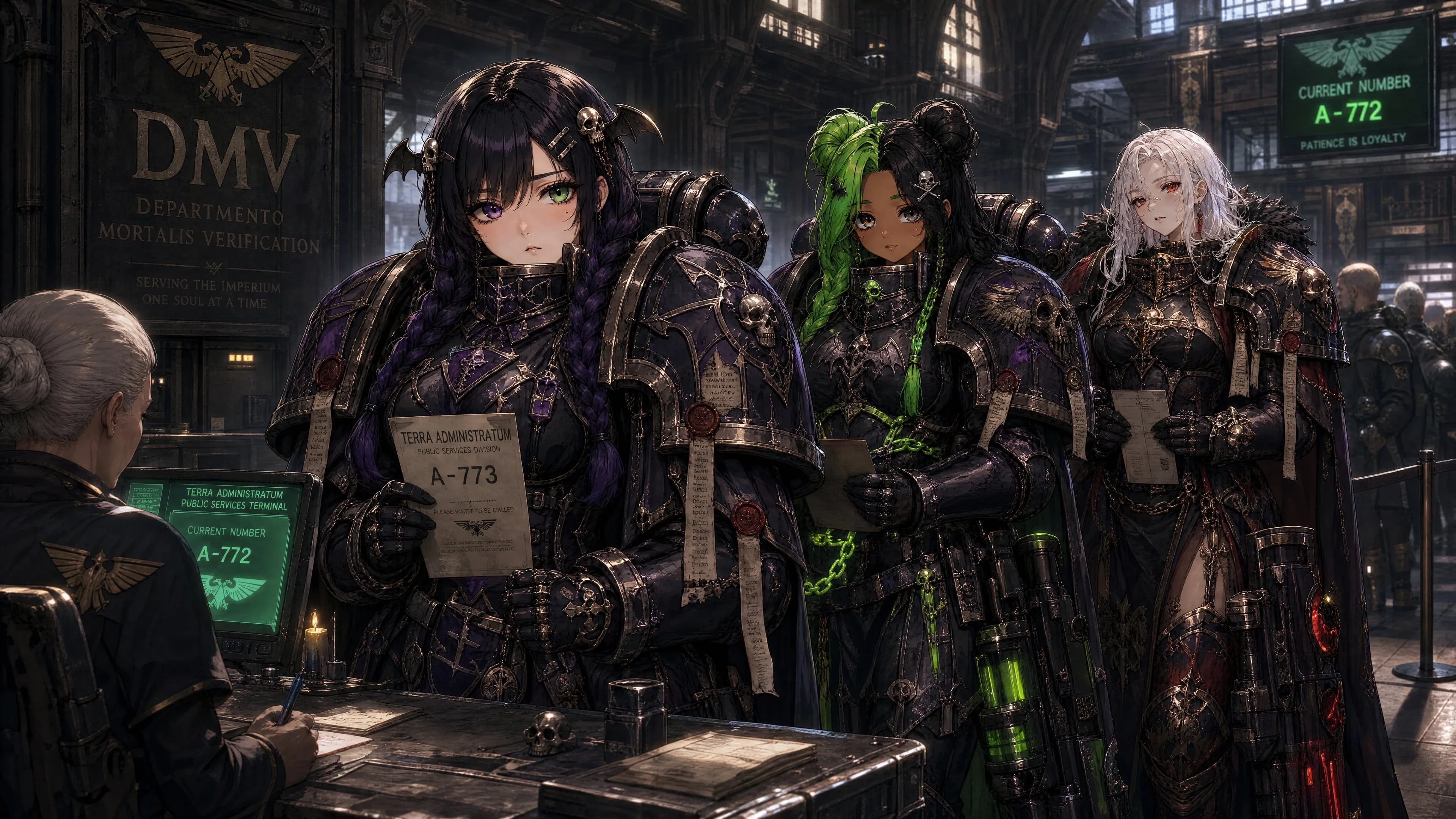 40K Power Armour Squad Portrait showing a character-focused concept image with stylized design details and presentation layout