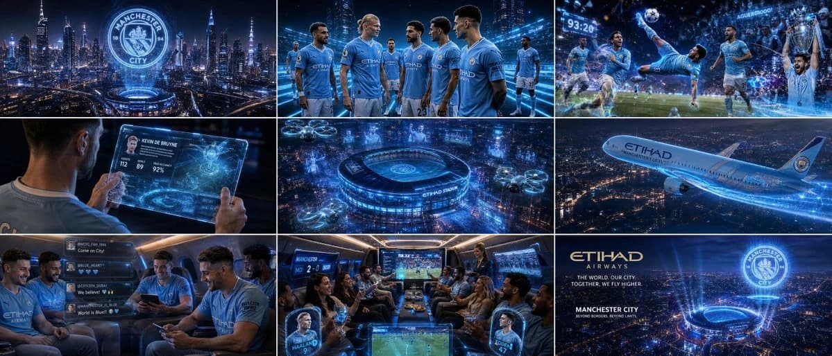 Nine frames show Manchester City players, futuristic tech, and a luxury airline theme in a vibrant cityscape.