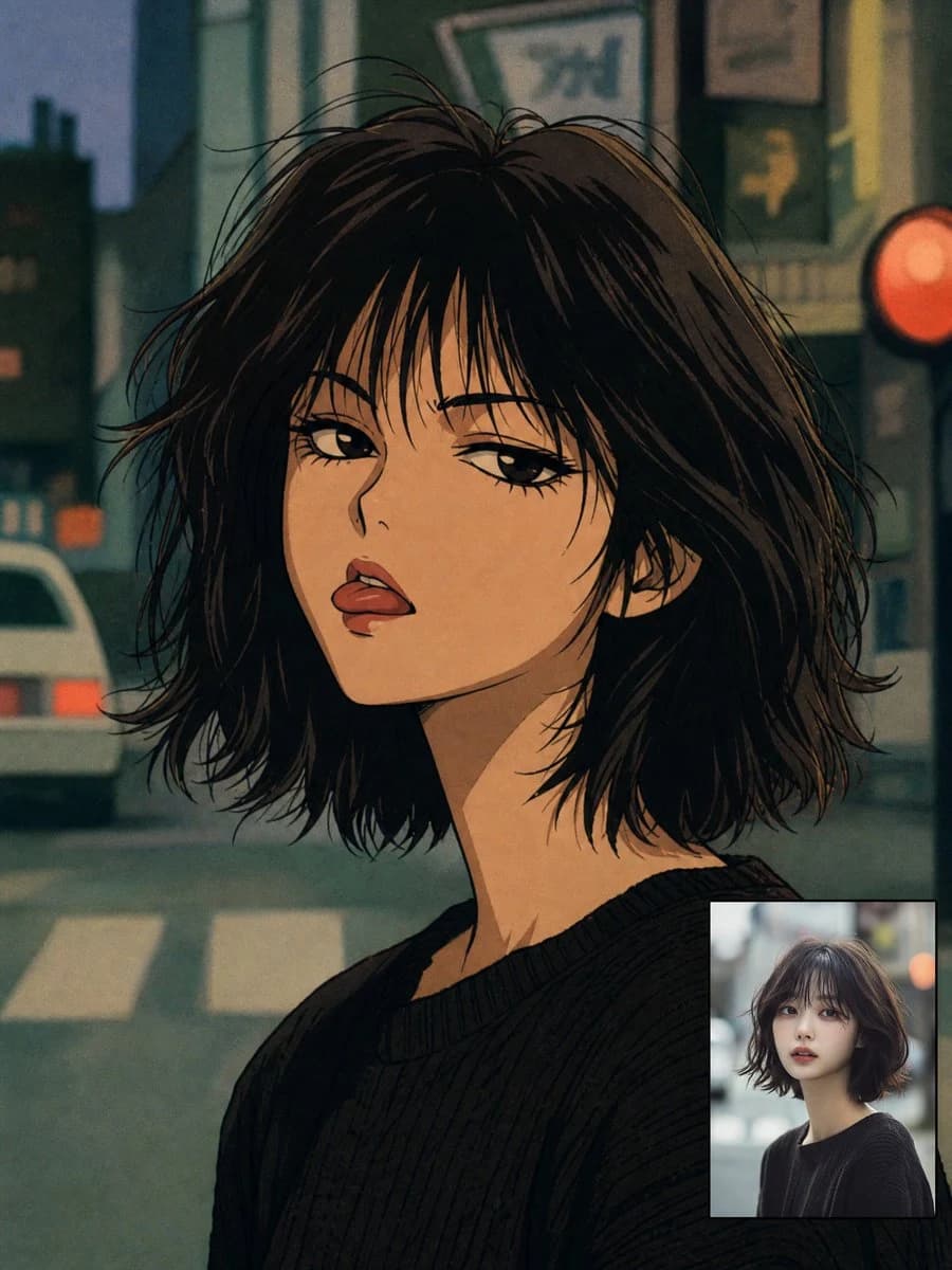 Nostalgic 1990s anime-style urban selfie portrait with casual street fashion, soft city light, and film-like color.