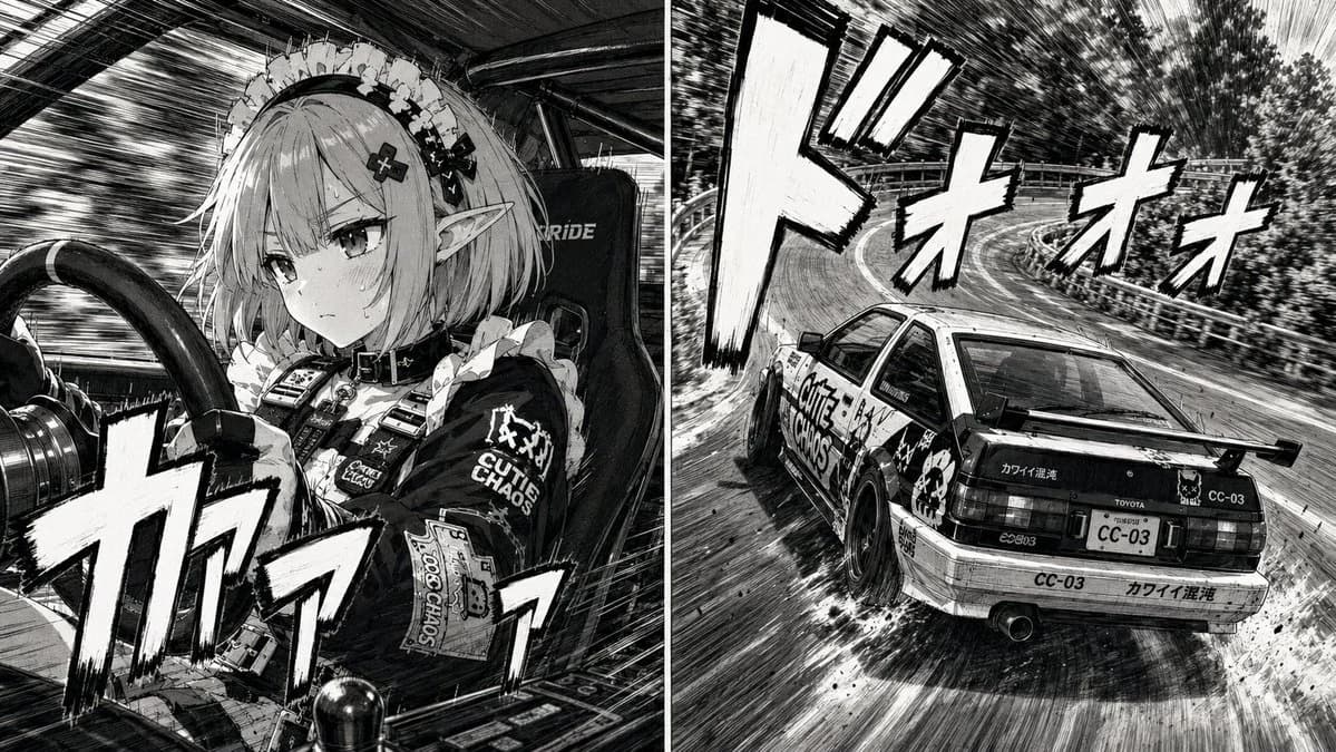 Completed 1990s Japanese street racing manga panel style with speed lines and dramatic vehicle action