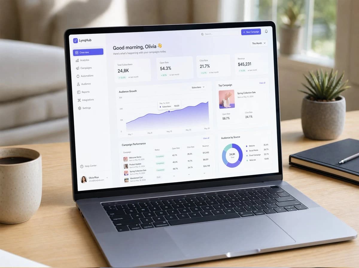 A slim modern laptop displays a hyper-realistic SaaS dashboard on a minimal wooden desk, illuminated by soft natural daylight