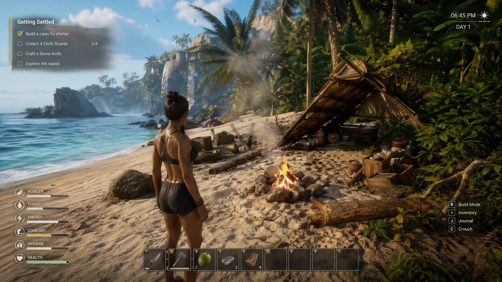 A character stands on a sandy beach near a campfire and makeshift shelter, with a UI displaying survival tasks and inventory items