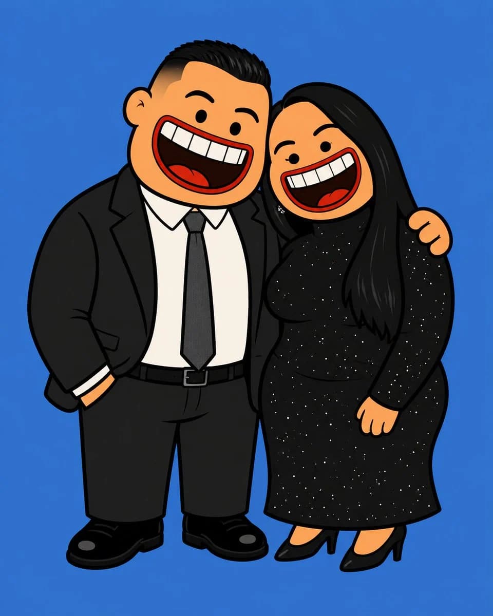 Flat absurdist 2D cartoon transformation with chunky rubbery characters and bold outlines
