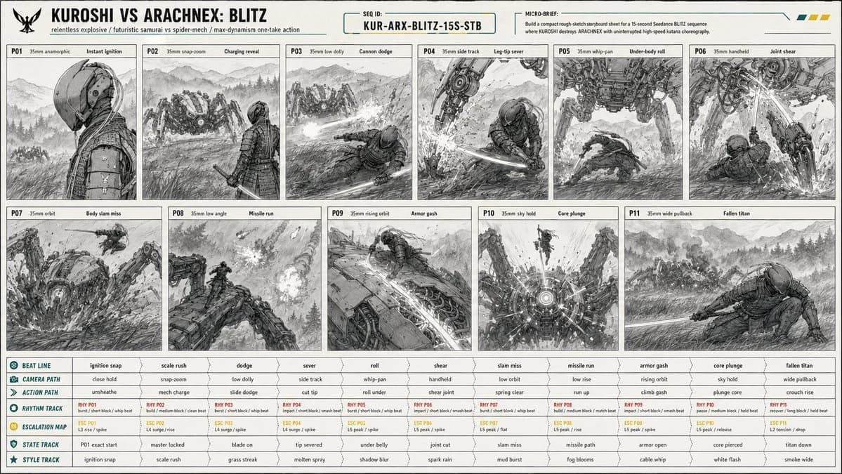 Action storyboard sheet showing cinematic sequence panels with character motion, camera notes and consistent scene direction