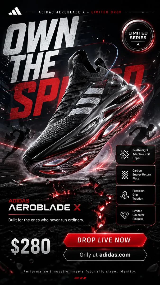 Adidas Futuristic Drop Ad Poster 9:16 with sequential panels, cinematic shot planning and a polished storyboard layout