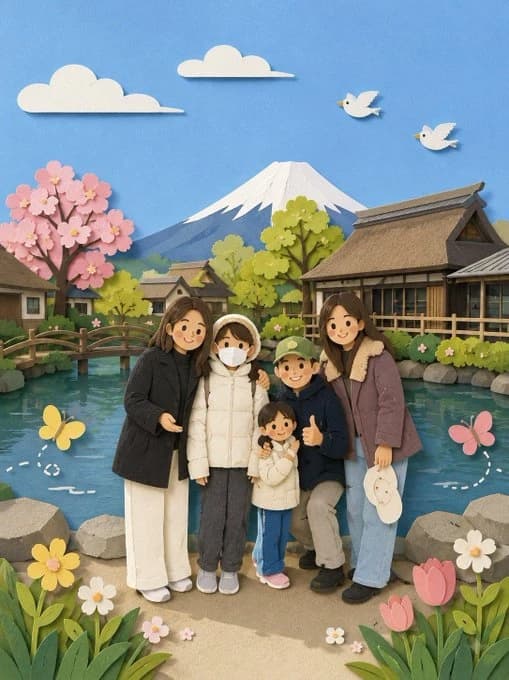 Adorable paper-craft recreation with simplified shapes, soft cut-paper texture, and balanced handmade composition.