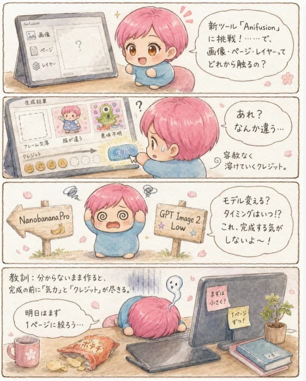 Comic-style scene about struggling with an AI manga tool, using expressive characters, panels, and humorous workflow details.
