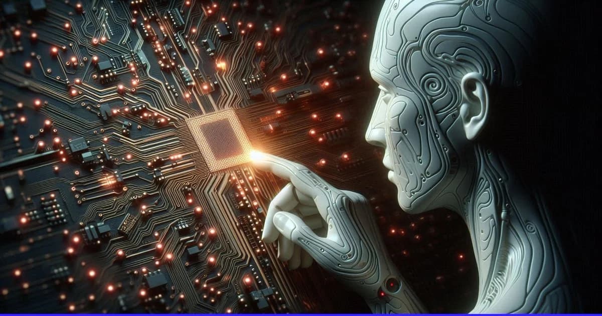 AI Touching a Glowing Microchip ad creative with product-focused composition, campaign styling and commercial lighting