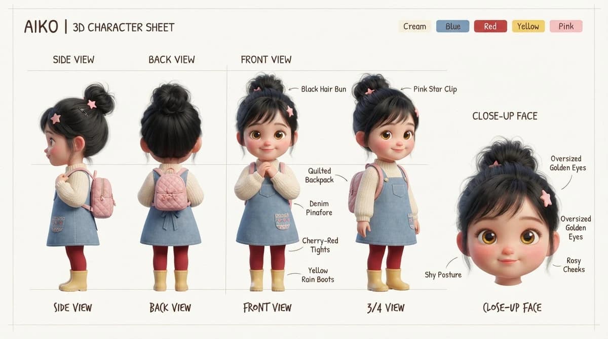 Aiko 3D character sheet with cute toddler-girl design, turnaround views, expressions, and toy-reference presentation.