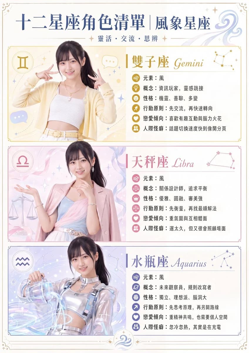 Three panels feature the same young East Asian woman styled in pastel outfits representing the Gemini, Libra, and Aquarius zodiac signs against soft, magical backgrounds