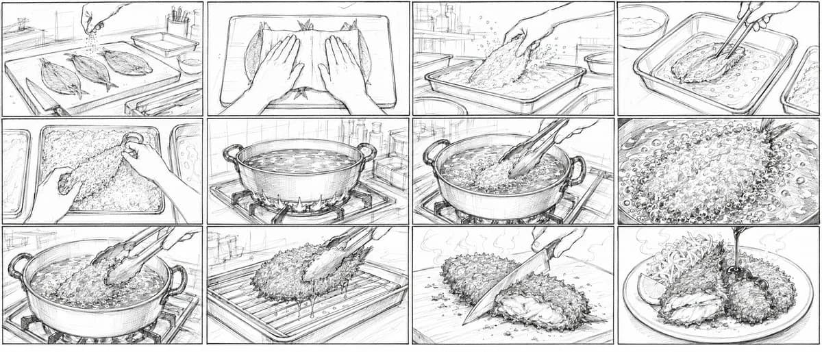 A 12-panel rough pencil storyboard for a Japanese 2D anime cooking short showing golden aji fry preparation from raw fish to plated dish