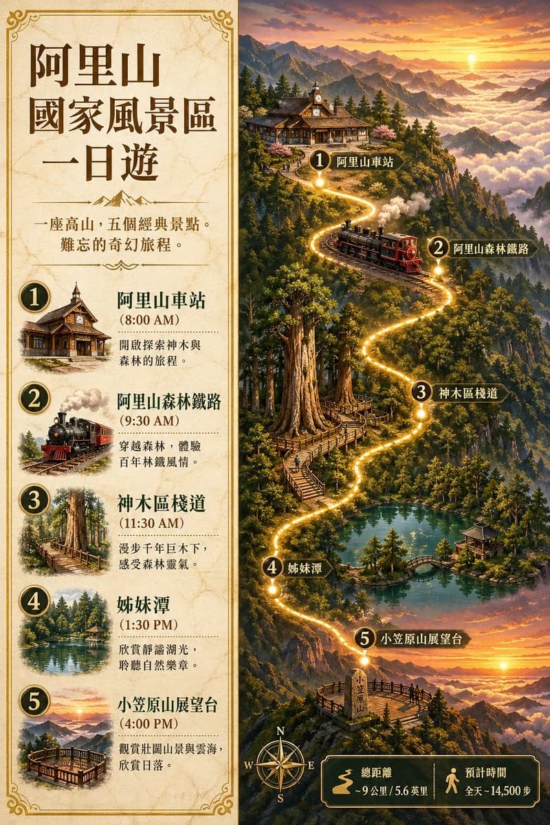 A vintage travel poster features a split layout with a beige itinerary card on the left and a colorful fantasy map of Alishan's scenic journey on the right