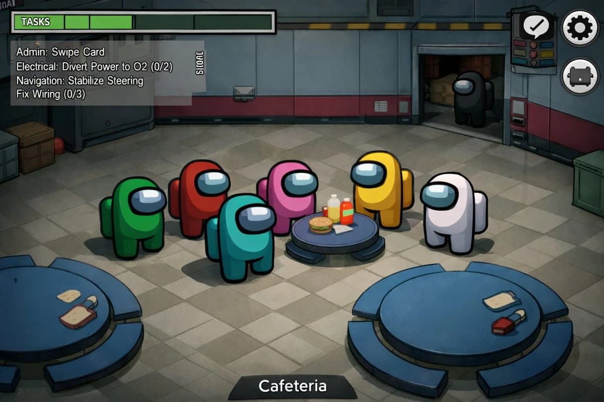 Colorful Among Us characters gather around a table in a cafeteria setting, discussing tasks while food items are visible