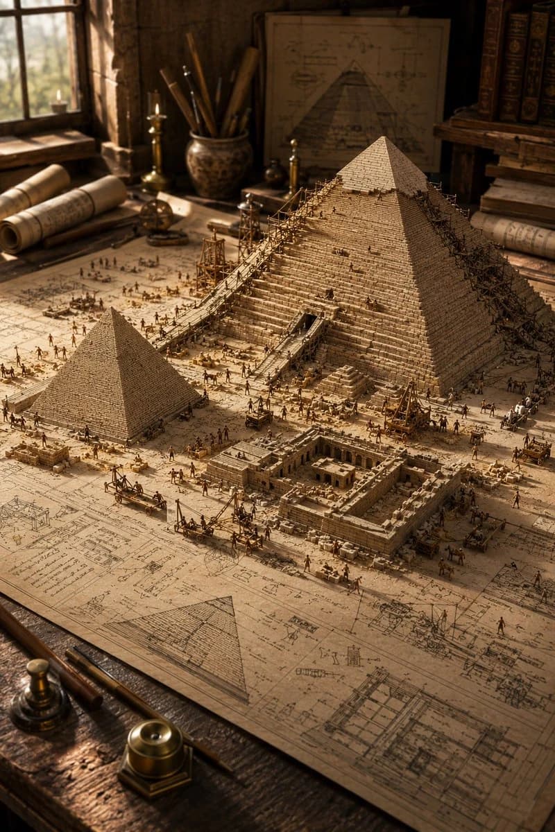 A detailed miniature diorama of an ancient civilization features iconic architecture under construction on architectural blueprints