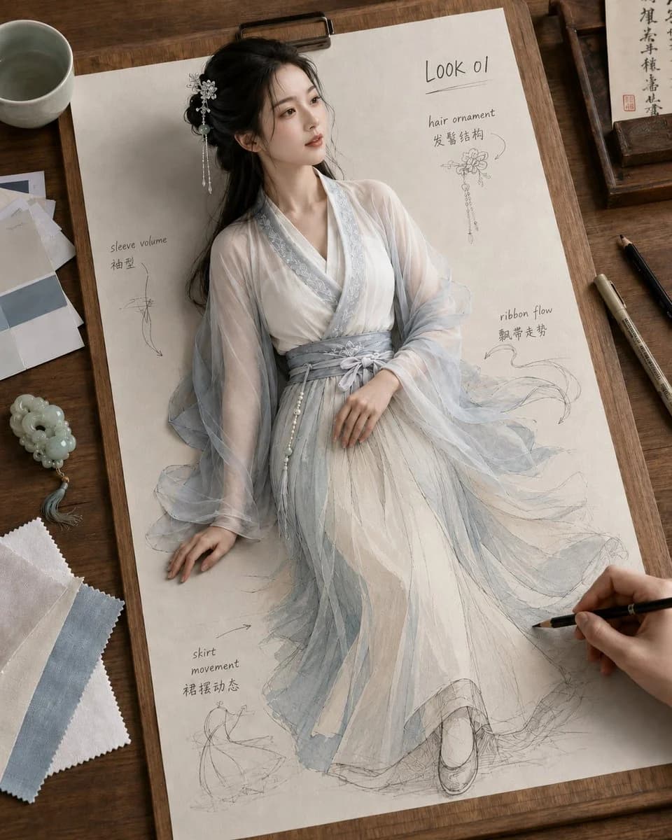 Ancient Hanfu Sketch Comes Alive with sequential panels, cinematic framing, and clear storytelling layout
