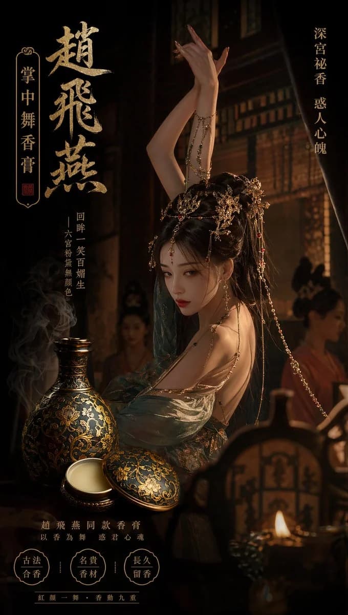 GPT Image 2 prompt example showing a vertical ancient Chinese palace perfume advertisement with gold typography