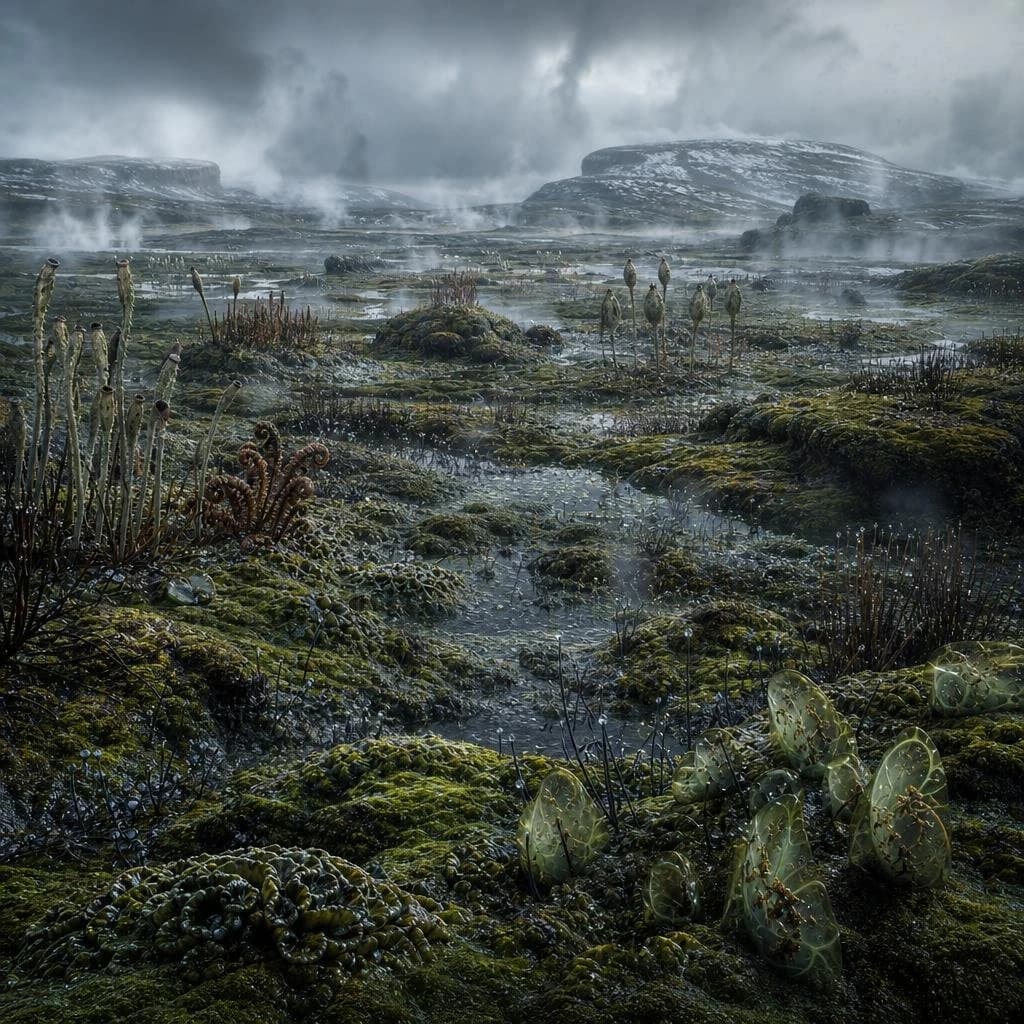 Ancient prehistoric swamp landscape with misty water, primeval plants, and cinematic natural-history atmosphere.