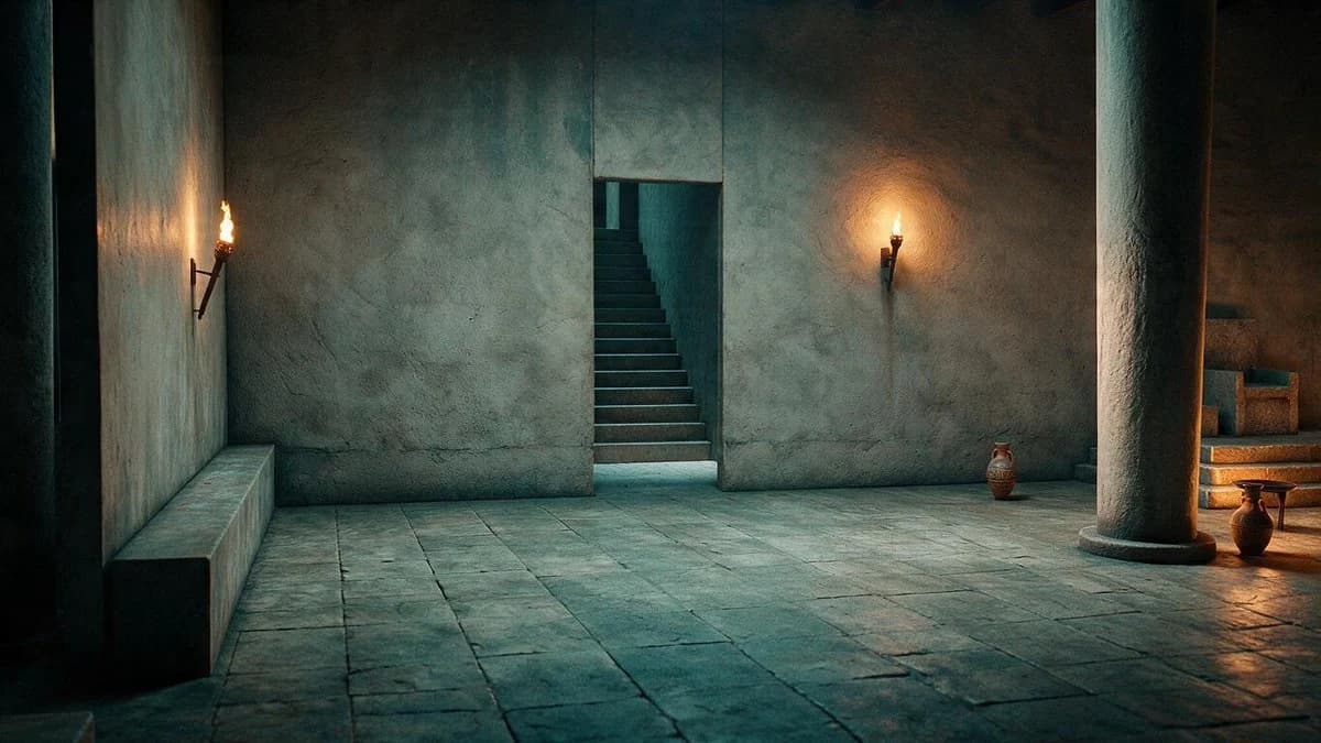 Ancient Torchlit Stone Antechamber storyboard visual