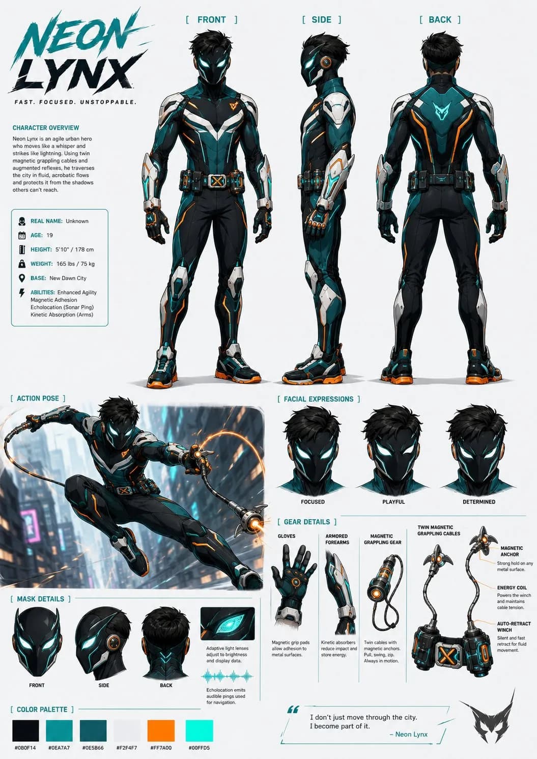 Animated character design sheet for a neon armored hero with turnarounds, head studies, action poses, and color swatches